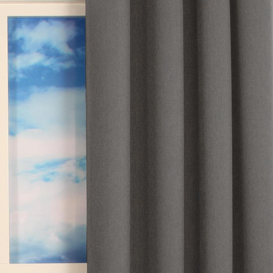 Licht glanzende verduisterende overgordijnstof in grijs met een mooie weefstructuur aan de voorzijde